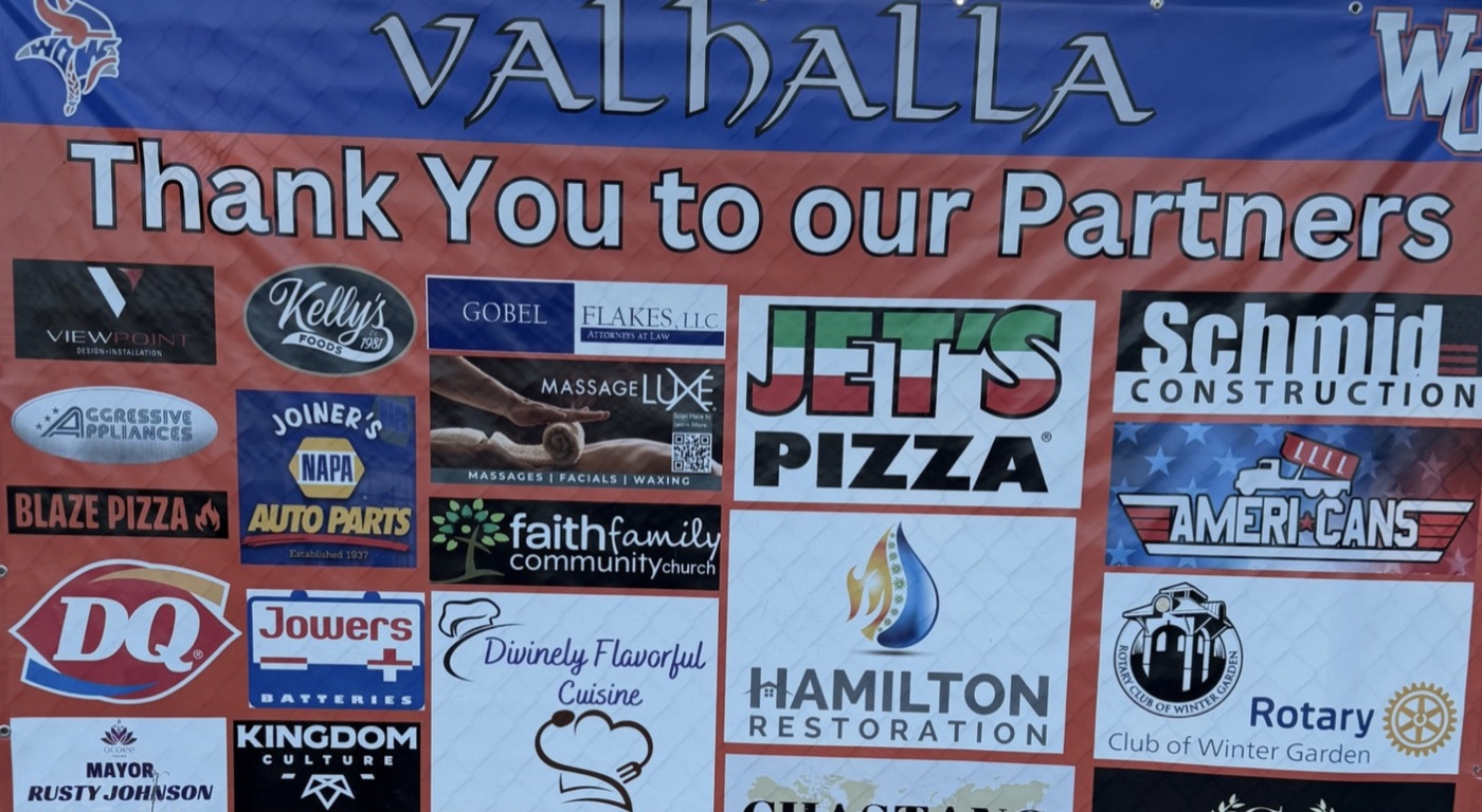 West Orange Football thank you banner recognizing program partners