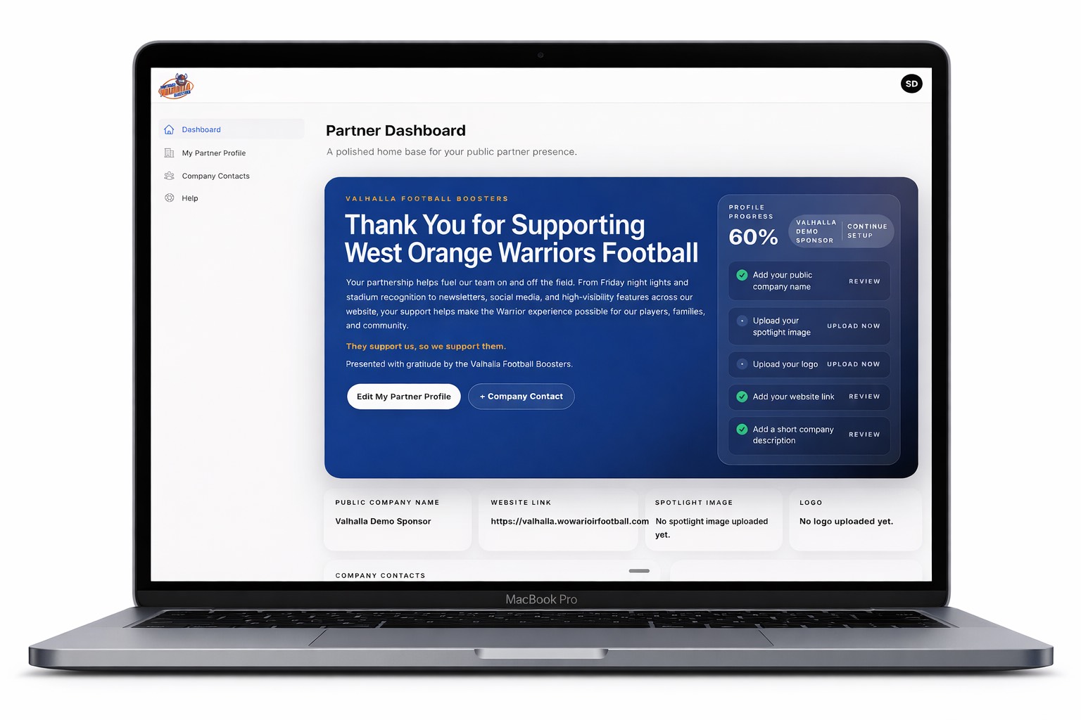 Sponsor Manager profile and asset management screen for West Orange Warriors partners